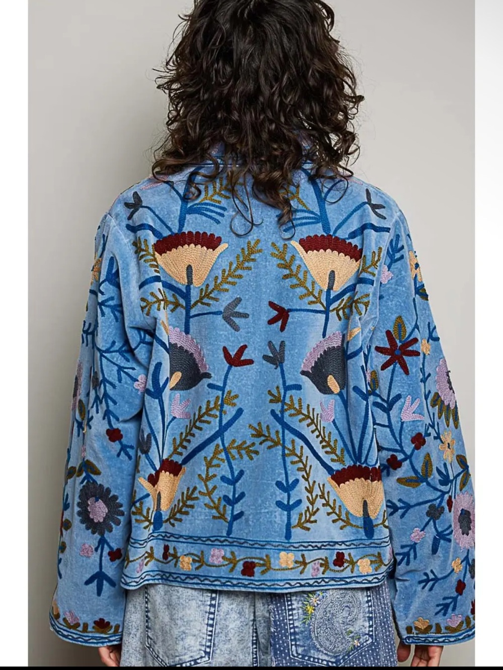 POL Denim Blue Cotton Velvet Embroidered Floral Suzani Jacket - Picture 4 of 6
